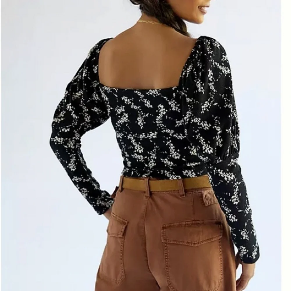 Anthropologie Floral Sweetheart Neck Puff‎ Sleeve Top, Black/White, Size XS